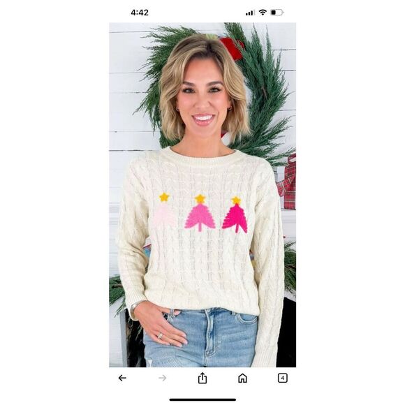 Anniewear Christmas Cream Crewneck Sweater XL Pink Trees - Picture 1 of 8